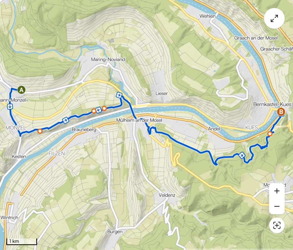 Übersichtskarte Moselsteig Etappe 10 von Osann-Monzel nach Bernkastel-Kues mit Streckenverlauf