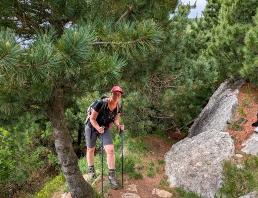 Sabine Schönberg wandert mit Stöcken und Rucksack auf einem schmalen, felsigen Pfad zum Monte Altissimo. Im Vordergrund eine knorrige Kiefer, rechts ein großer Fels — steiles Gelände, strahlende Sonne, rote Cap.
