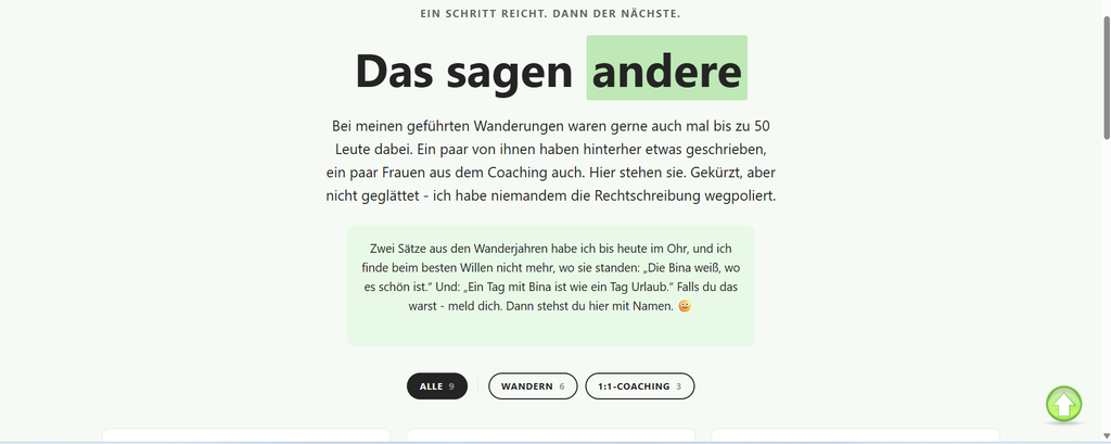 Screenshot der Erfolgswand „Das sagen andere“ mit mehreren Kundenstimmen als Kacheln.