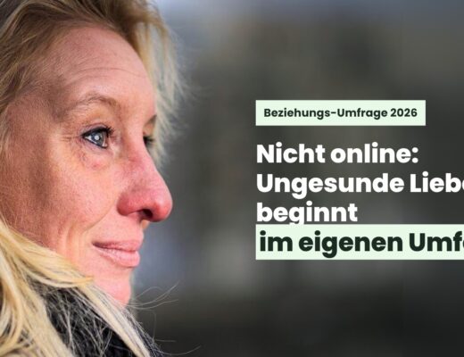 Sabine Schönberg im Profil neben dem Text „Beziehungs-Umfrage 2026 - Nicht online: Ungesunde Liebe beginnt im eigenen Umfeld“ - Titelbild zu meiner Umfrage über die toxische Beziehung